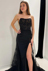 Black Lace Strapless Long Formal Dress with Attached Train